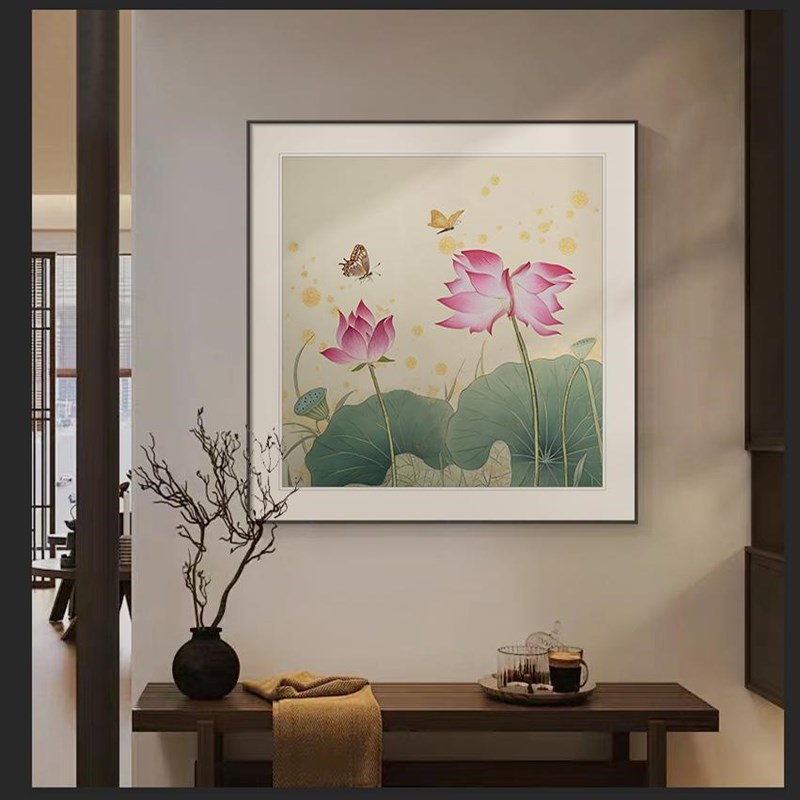 极速并蒂莲花客厅玄关装饰画蝴蝶B荷花走廊过道挂画中式方形背景图片
