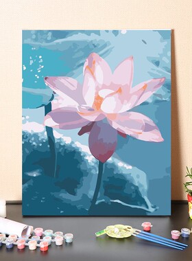 极速数字油画diy手工填u充蓝色背景唯美荷花花蕾手绘涂色丙烯油彩