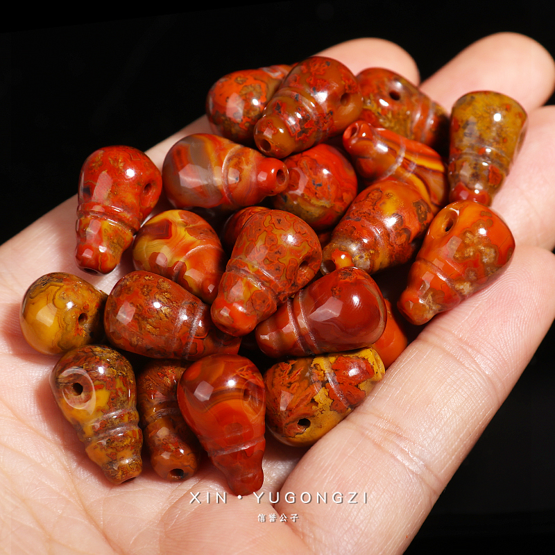 极速宣化上谷战国红玛瑙水滴形一体C三通佛头手串金刚星月佛珠DIY