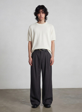 打褶直筒西裤质感刺绣 微阔A字版型 硬挺立体通勤休闲裤