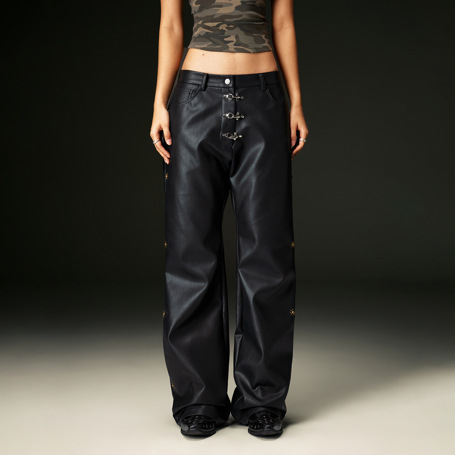 OKMEEXIT巡演锁扣直筒皮裤2025美式男女宽松直筒阔腿长裤子