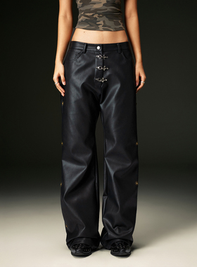 OKMEEXIT巡演锁扣直筒皮裤2025美式男女宽松直筒阔腿长裤子