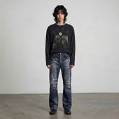 冰蓝裂痕水洗立体猫须弯刀版 型雾蓝牛仔裤