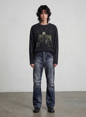 冰蓝裂痕水洗立体猫须弯刀版型雾蓝牛仔裤