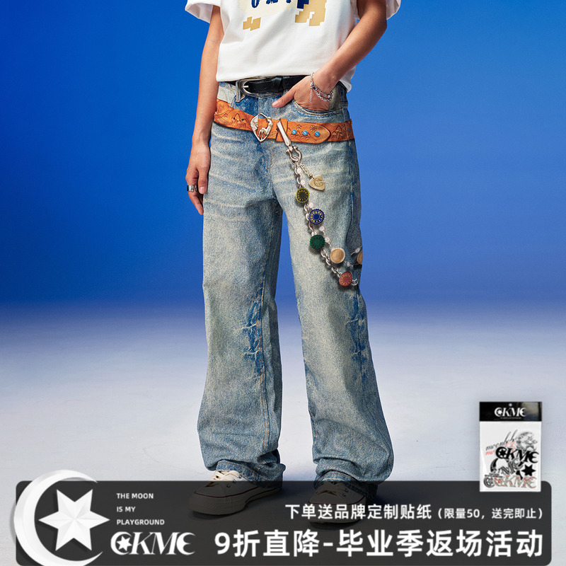 OKME 3D数码印月亮小子牛仔裤新品浅蓝色做旧美式复古宽松水洗