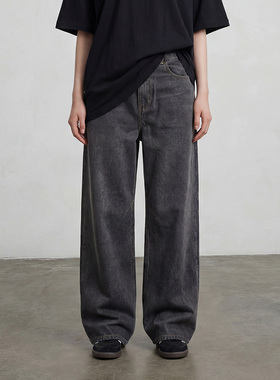 原牛14.5盎司男弯刀原色baggy阔腿黑色牛仔裤