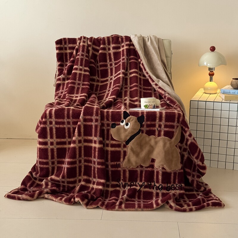 獭獭不懒 卡通刺绣羊绒双层毯毛毯子艾瑞ins风四季通用保暖格纹