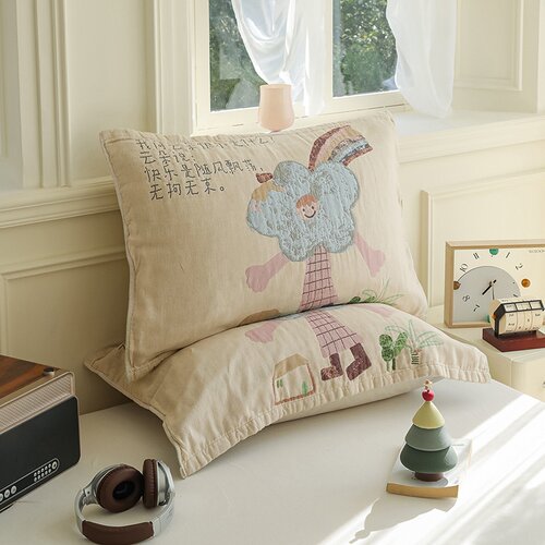 极有家家用卧室全棉纱布枕巾A类四层加厚单人枕用提花四季52x75cm