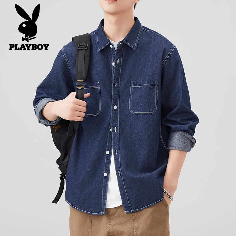 花花公子美式工装牛仔衬衫男士宽松休闲2025春秋季新款衬衣外套潮