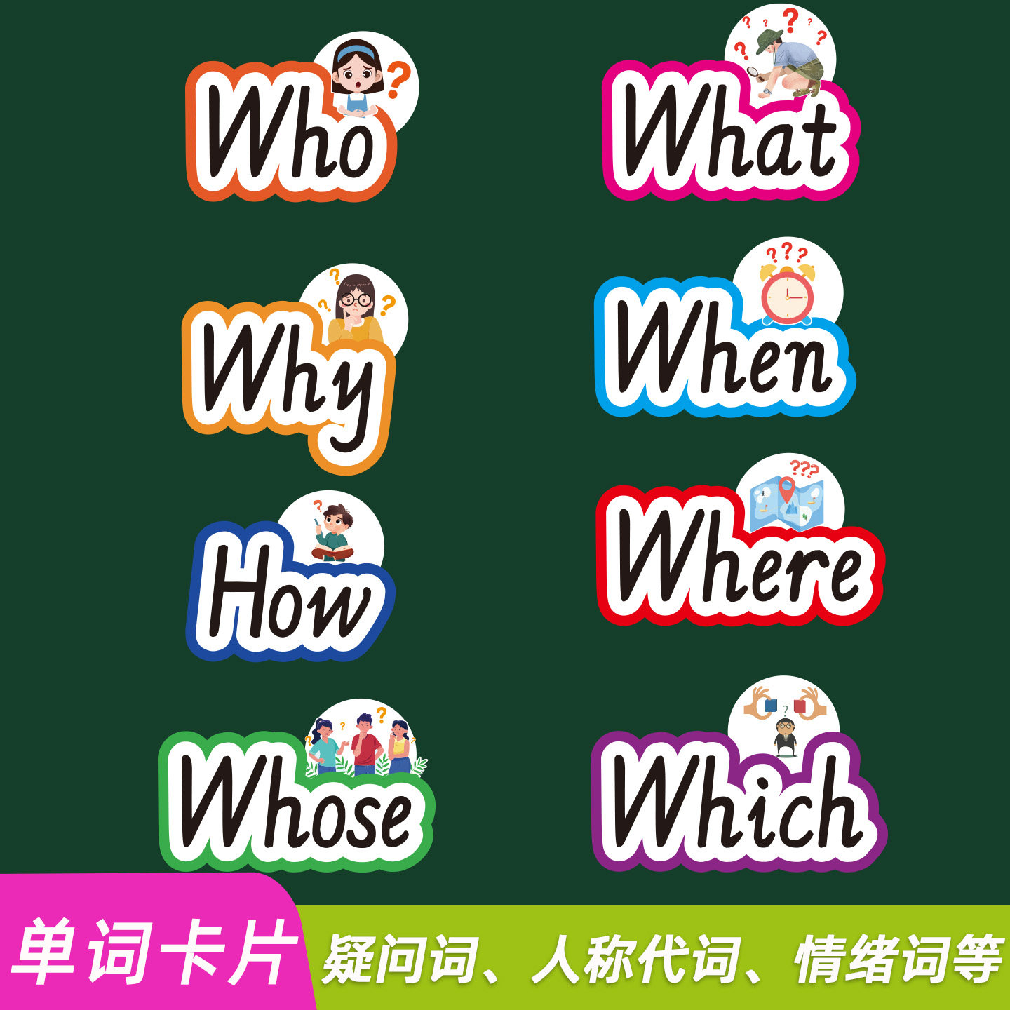 疑问词人称代词情绪词小学英语创意板书设计单词卡片图黑板贴教具