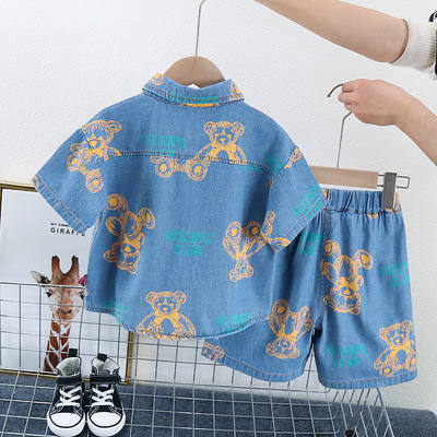 极速Kid Boy Summer Clotheus Bear Print Denim Shirt Shorts an