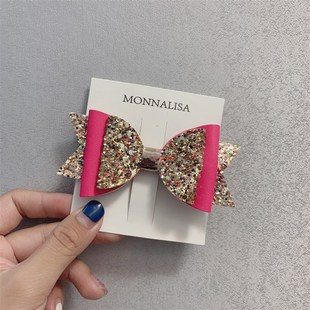 极速pu拼接闪亮蝴蝶结 春夏格丽特儿童 双层亮片一W字夹鸭嘴夹发