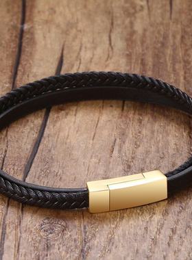 极速韩国时尚手绳钛钢真皮创意双圈手环热卖超纤皮手U镯棕色礼物B