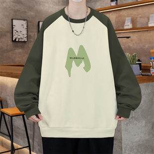 男女同款休闲风长袖落肩袖华棉拼接宽松落肩圆领印花大M卫衣撞色