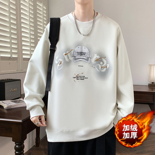 冬季新款青少年学院风加绒加厚圆领卫衣趣味印花设计男生打底衫