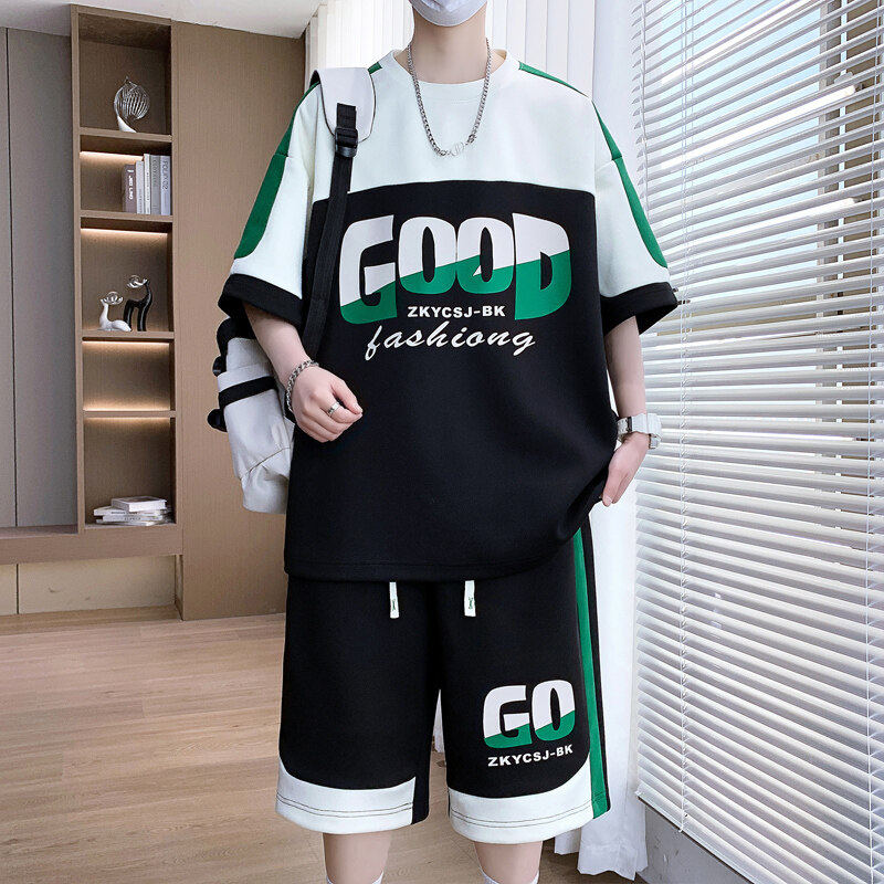 2025夏季青少年新款短袖套装时尚撞色大字母设计潮流百搭款两件套