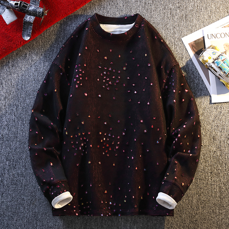 2025秋季新款青少年满天星破洞卫衣潮流痞帅男生百搭宽松圆领上衣