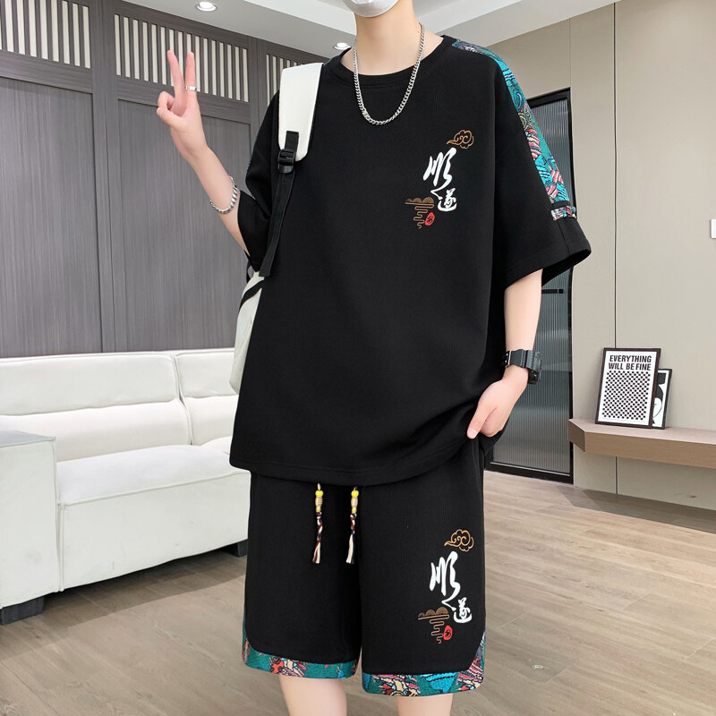 夏季新款青少年国风潮流短袖套装圆领时尚印花男生两件套百搭款