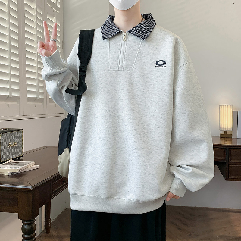 秋季学院风穿搭翻领卫衣青少年半拉链格纹拼接设计百搭个性上衣