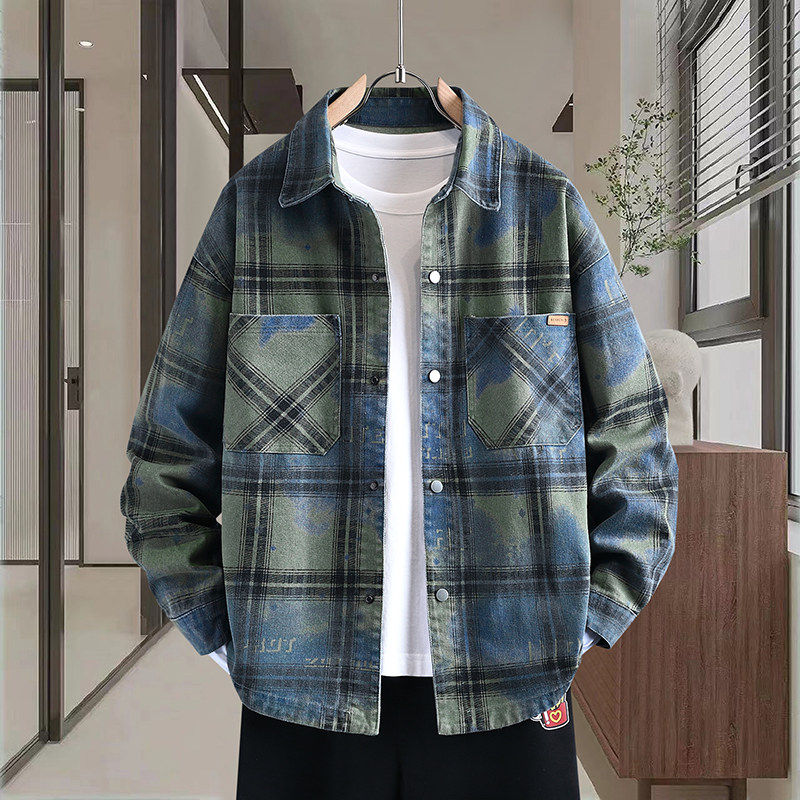 春秋季港风翻领格子夹克外套男2025青少年新款潮流时尚衬衫式夹克,男装,夹克,淘宝优惠券,粉丝福利购,淘宝优惠卷
