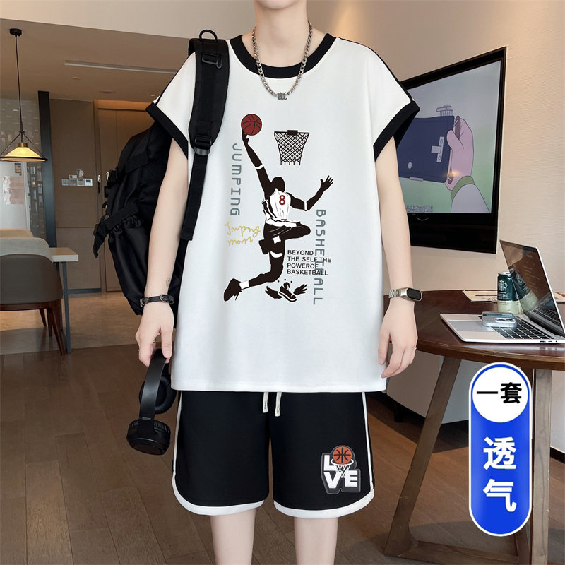 夏季上新美式街头风篮球印花运动套装宽松透气学生百搭个性两件套