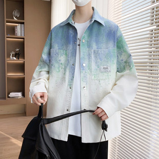 夹克男潮牌上衣渐变印花外套男青少年痞帅长袖 式 衬衣 衬衫 春秋季