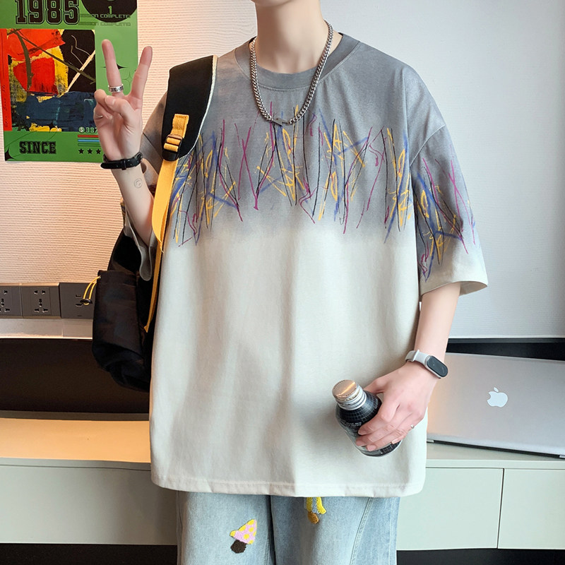 夏季重磅款青少年潮流水洗做旧拼色设计圆领T恤个性时尚男生短袖