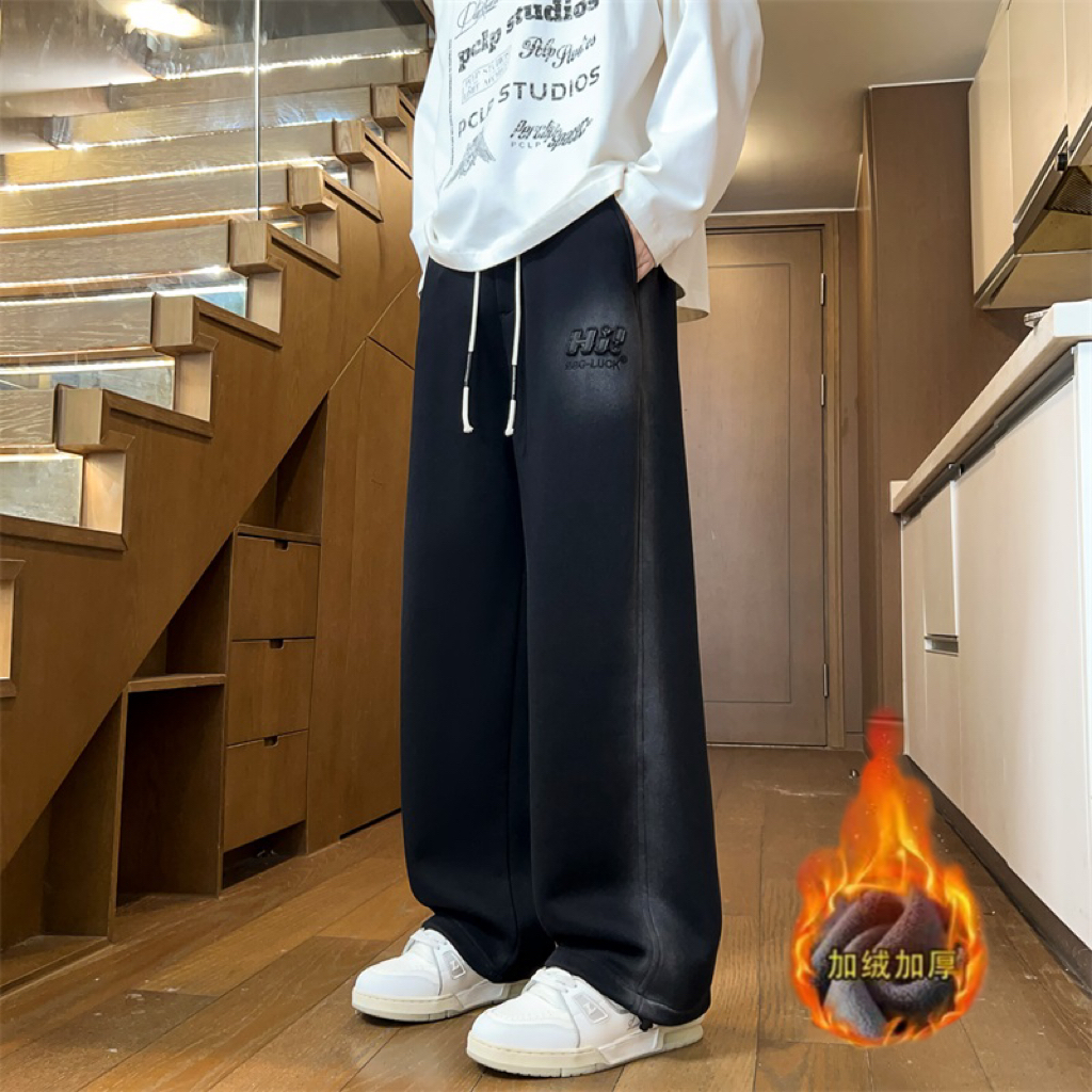 秋冬新款青少年加绒加厚高品质重工扎染休闲裤字母提花保暖长裤