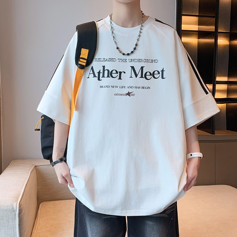 夏季青少年个性t恤韩系字母星星印花条纹插肩袖宽松百搭男生短袖