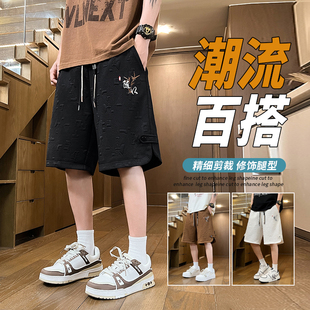 新款 短裤 外穿薄款 青少年休闲运动凹凸感五分休闲裤 直筒沙滩裤 夏季