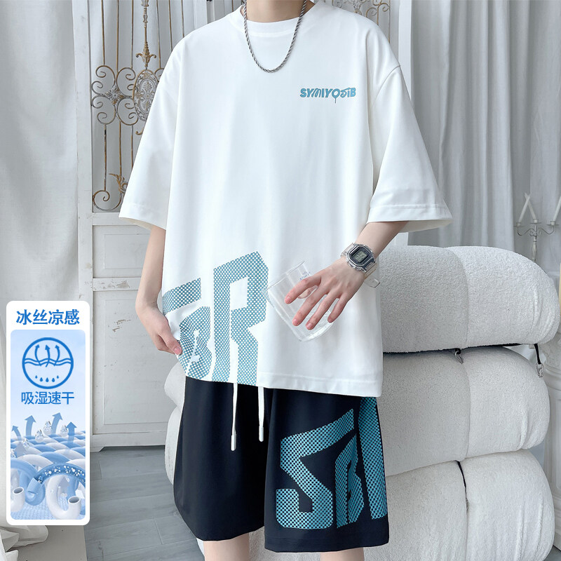 夏季新款青少年冰丝套装百搭速干印花男生时尚潮流薄款百搭两件套