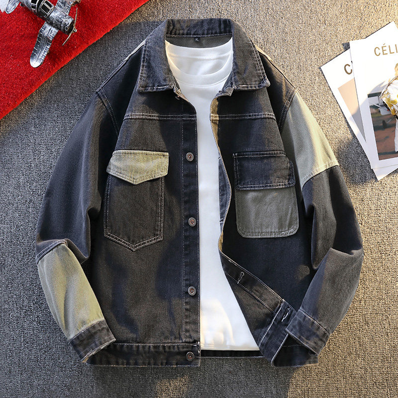 2026春季青少年潮流拼接工装牛仔外套男生翻领宽松夹克休闲上衣,男装,牛仔外套,淘宝优惠券,粉丝福利购,淘宝优惠卷