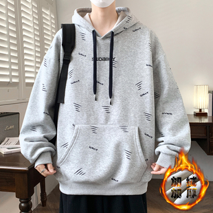 潮牌青少年连帽卫衣字母印花设计加绒加厚个性百搭男生保暖打底衫