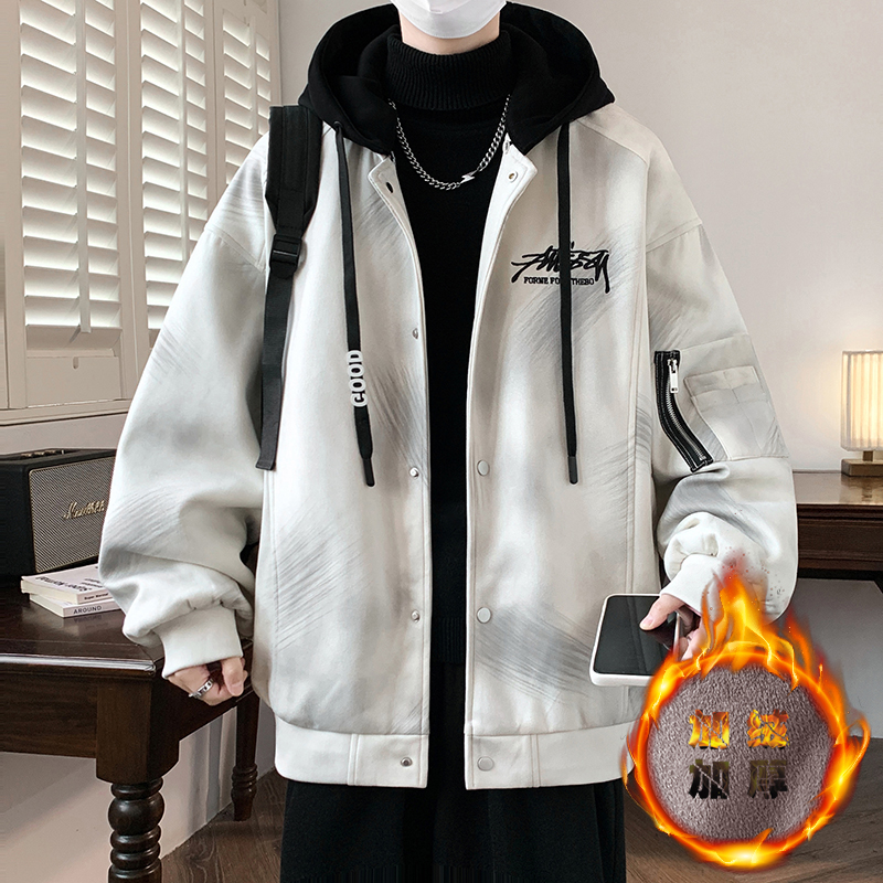 冬季新款可脱卸帽加绒加厚夹克青少年时尚潮流休闲百搭学生外套