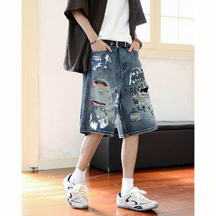 涂鸦印花破洞设计男生百搭五分裤 夏季 高街牛仔短裤 青少年美式 新款