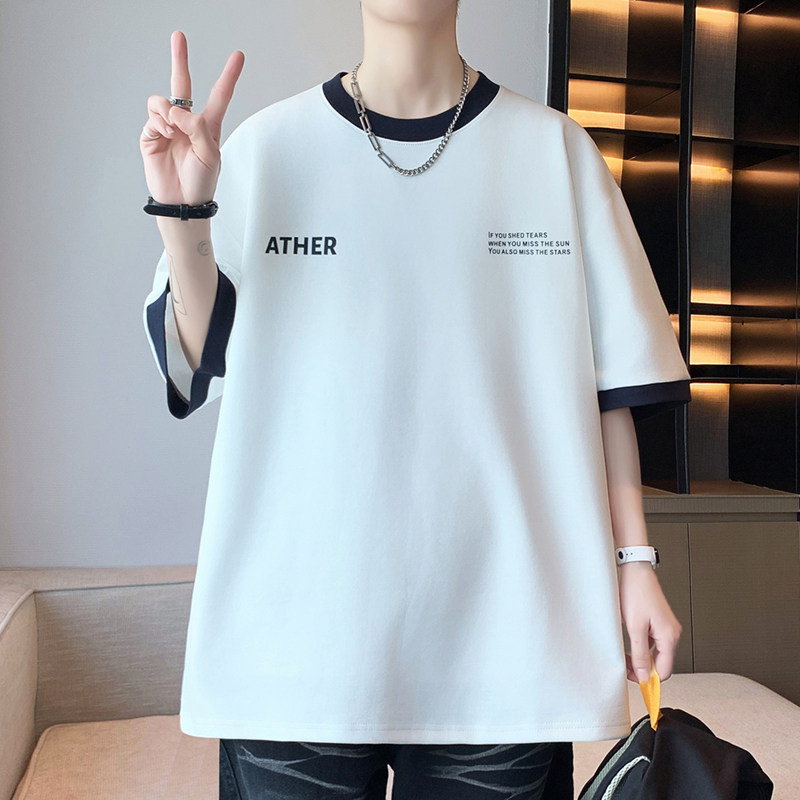 2026夏季新款青少年韩系撞色领口短袖时尚个性印花宽松舒适t恤