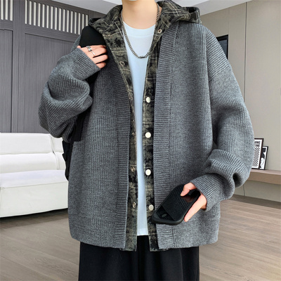 深秋新款青少年假两件连帽针织毛衣开衫美式复古男生百搭款上衣