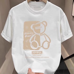 正肩短袖250g重磅纯棉T恤夏季ins潮牌小熊印花圆领亿万少年mans