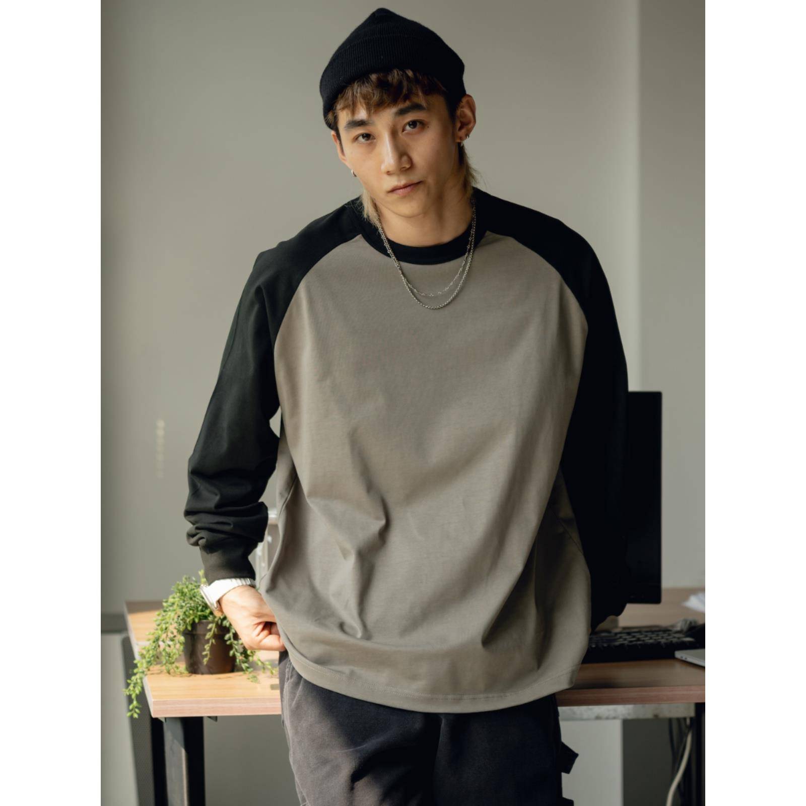 PrintsCrew 320克小领口重磅长袖T恤拼接插肩袖纯棉宽松大码上衣