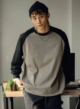 PrintsCrew 320克小领口重磅长袖T恤拼接插肩袖纯棉宽松大码上衣