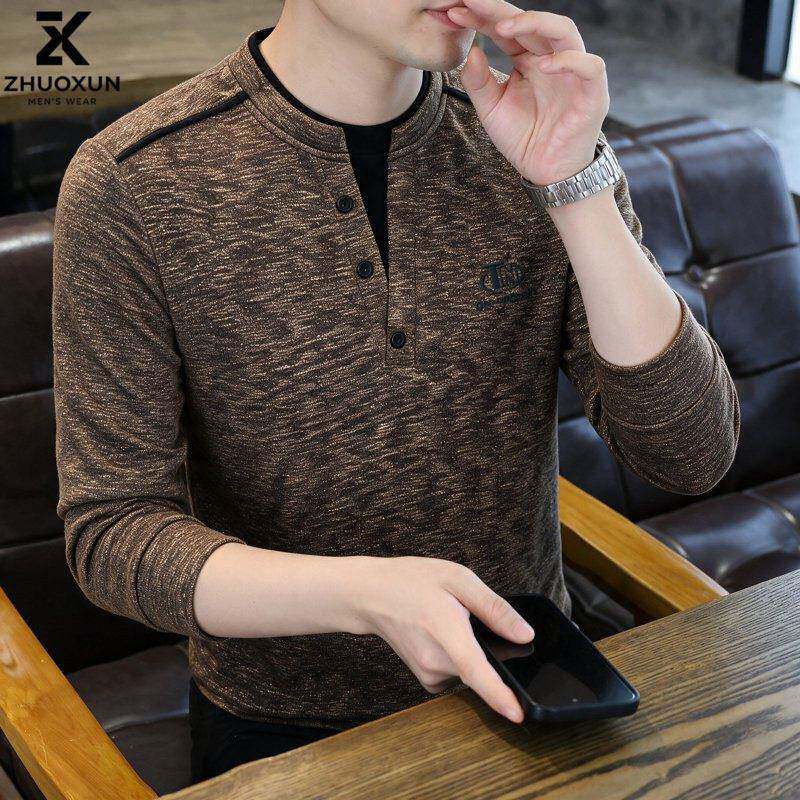 士男花纱亨利长袖T恤领秋季半开ZX26WY22扣两件刺绣套头卫假衣休