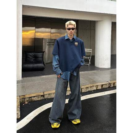 DBW Doublewin23/FW复古学院风衬衣假两件长袖衬衫秋季上衣外套