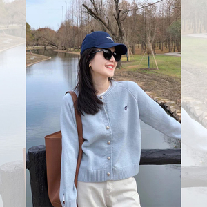 法式蓝色刺绣长袖开衫女装短款外套 2025新款春装小香风针织上衣