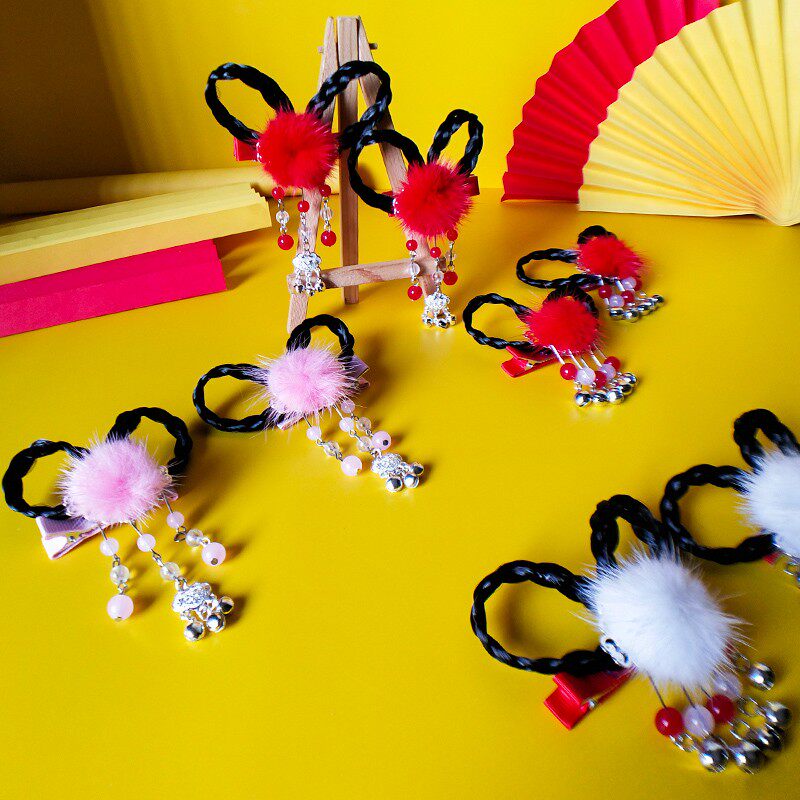 极速儿童假发头饰复古风造型毛球发夹女童汉服小女孩可Z爱飘带宝