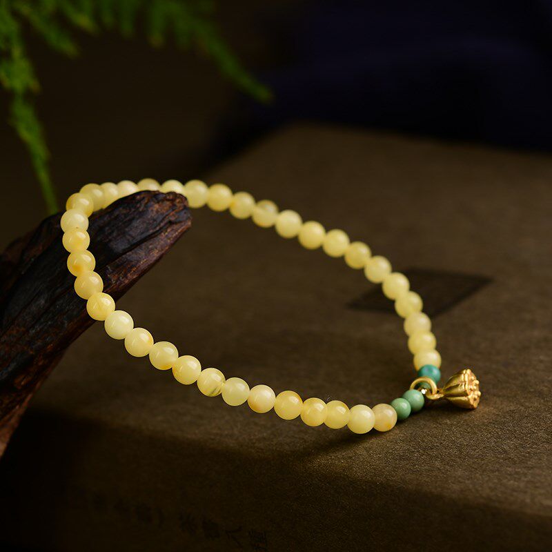 新品天然蜜蜡小颗粒单圈手链 4mm 搭配绿松石珠O子莲蓬吊坠 LH103