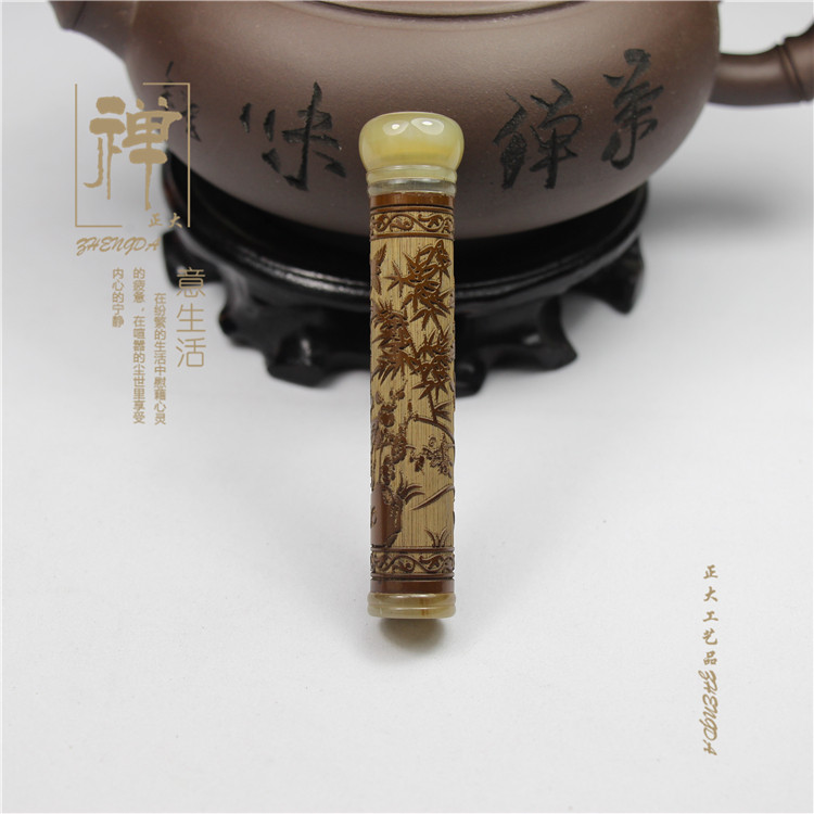 极速天然老e红竹镶花牛角螺口带雕刻牙签筒香粉筒沉香筒鼻烟壶烟