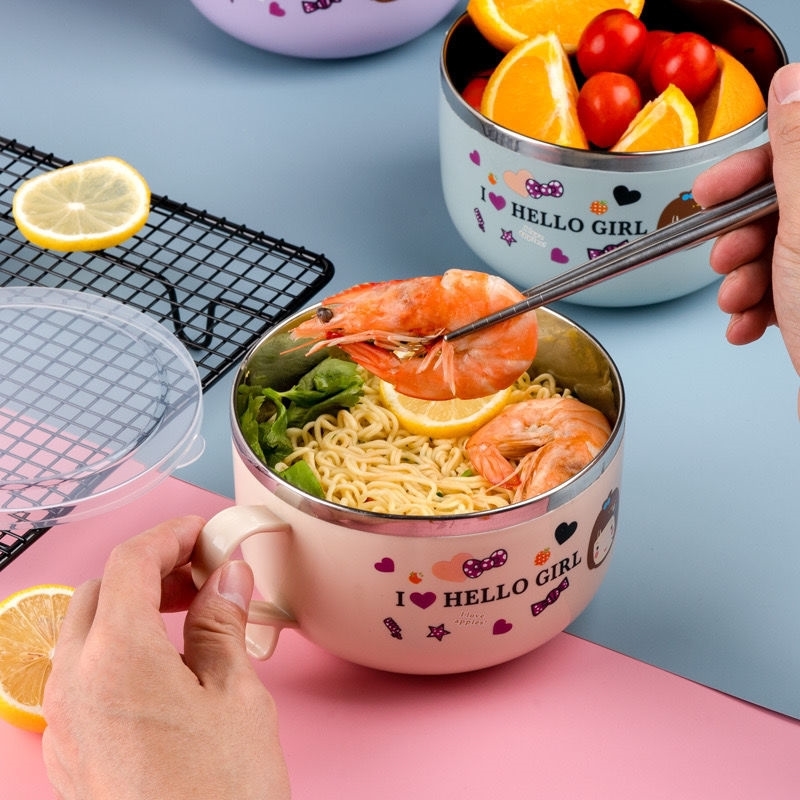 极速500毫升儿童碗不锈钢泡面碗带E盖子小孩饭盒碗筷套装小号吃饭