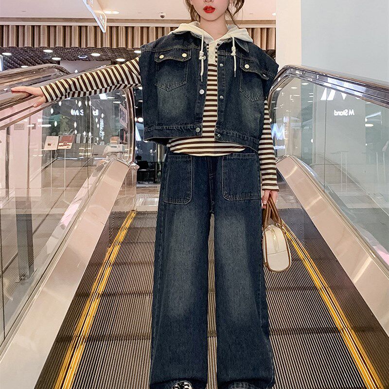 极速初中生秋e季套装女童2023新款中大童洋派网红休闲时髦牛仔三