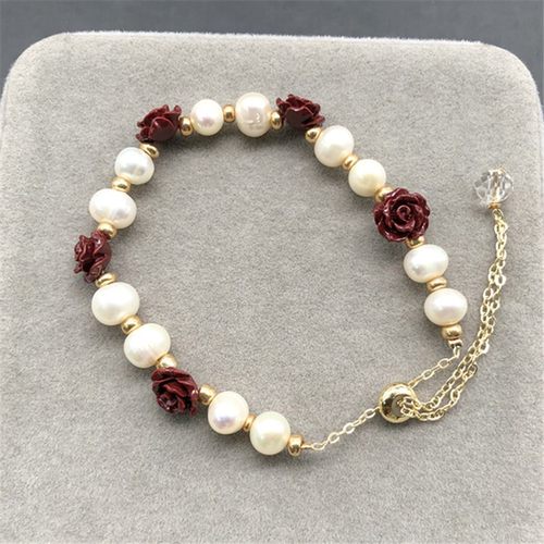 极速天然巴洛克白珍珠搭配朱砂紫金砂玫瑰花手链 O带延长链  K148
