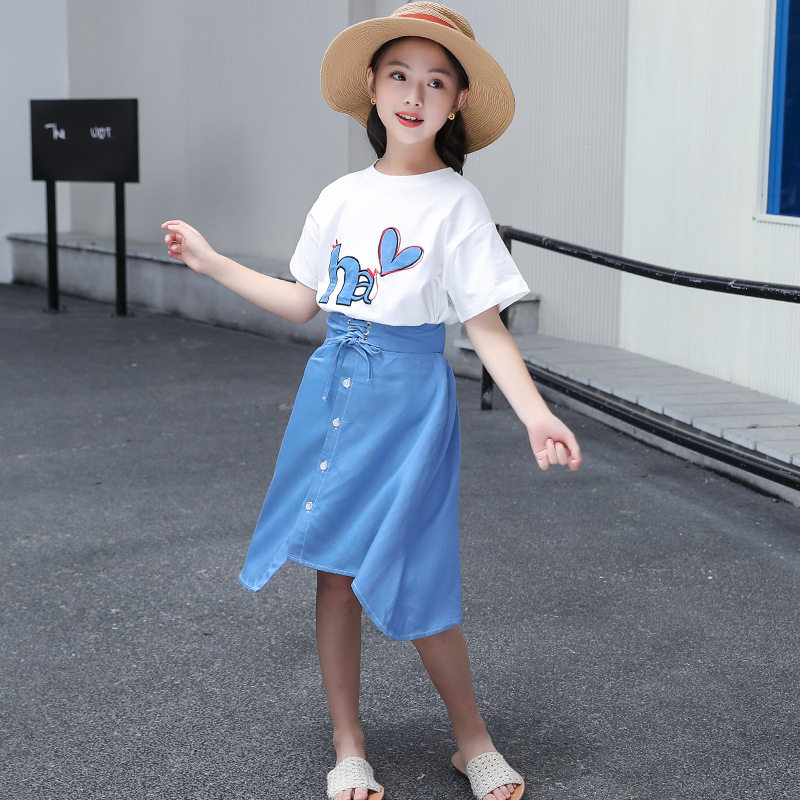 极速女童网红套装2022年夏季新款洋G气时髦中大童女孩牛仔半身裙
